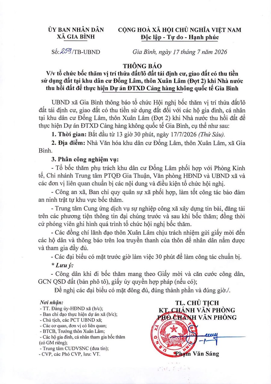Dành cho ai quan tâm đến đất Gia Bình, chính thức có thông tin bốc thăm lô đất tái định cư