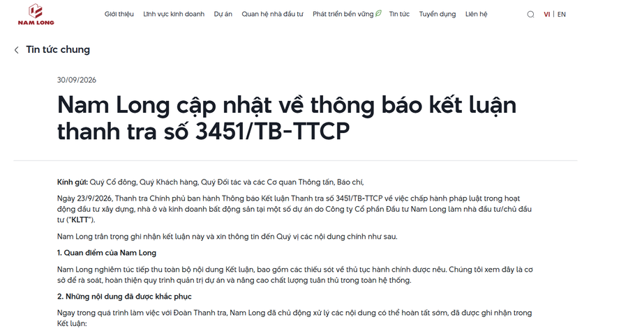 Đáng chú ý! Nam Long vừa có động thái phản hồi thông tin sau kết luận của Thanh tra Chính phủ