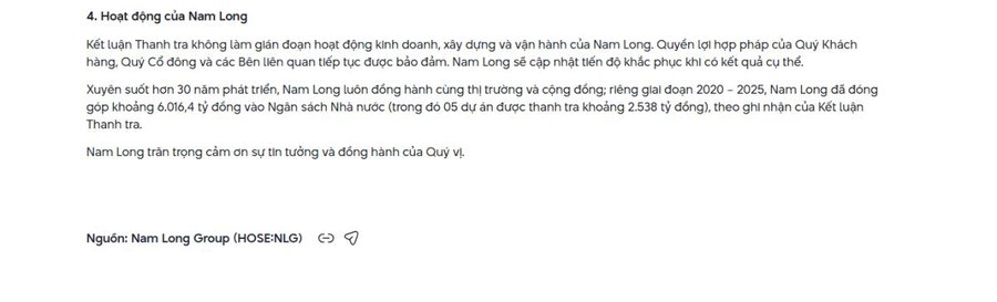 Đáng chú ý! Nam Long vừa có động thái phản hồi thông tin sau kết luận của Thanh tra Chính phủ