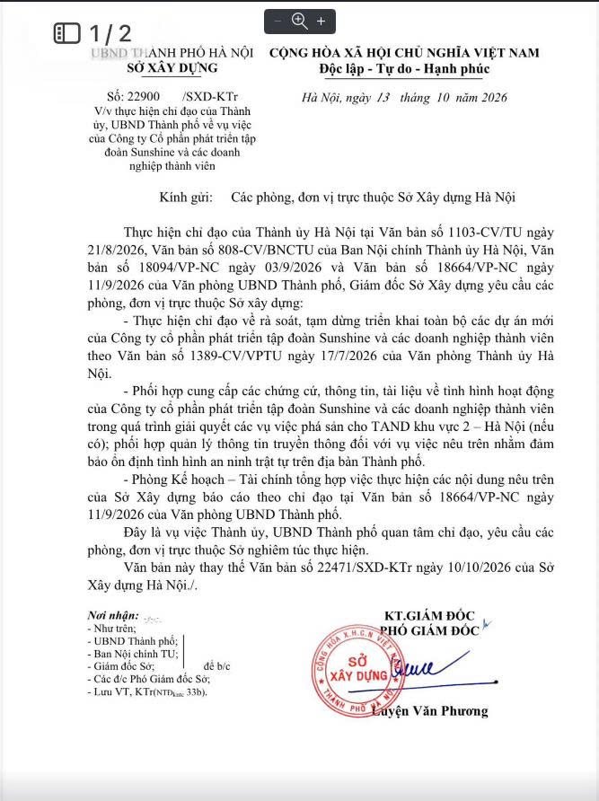 Nóng Nóng! 🔥Liên quan đến vụ việc tạm dừng triển khai toàn bộ các dự án mới của CTCP Phát triển Tập đoàn Sunshine, Sở Xây dựng ra văn bản mới
