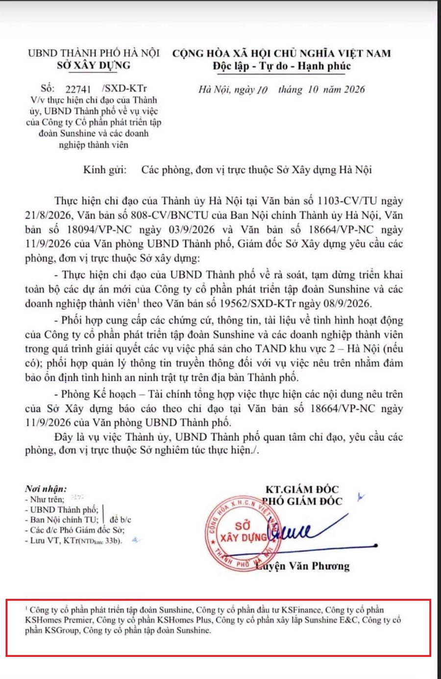 Nóng Nóng! 🔥Liên quan đến vụ việc tạm dừng triển khai toàn bộ các dự án mới của CTCP Phát triển Tập đoàn Sunshine, Sở Xây dựng ra văn bản mới
