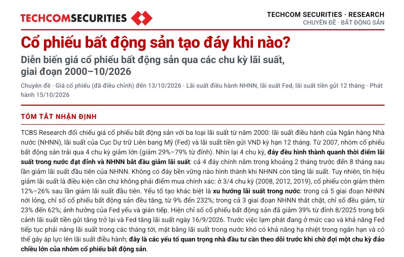 Đừng bỏ lỡ! đây là phân tích của TCBS Research về chu kỳ lãi suất và diễn biến cổ phiếu BĐS, liệu đã tạo đáy?